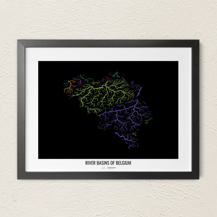 A colorful Grasshopper Geography river map on a light wall. The premium fine art poster is in a black frame with a white border. The name of the country, continent or region is printed under the image.
