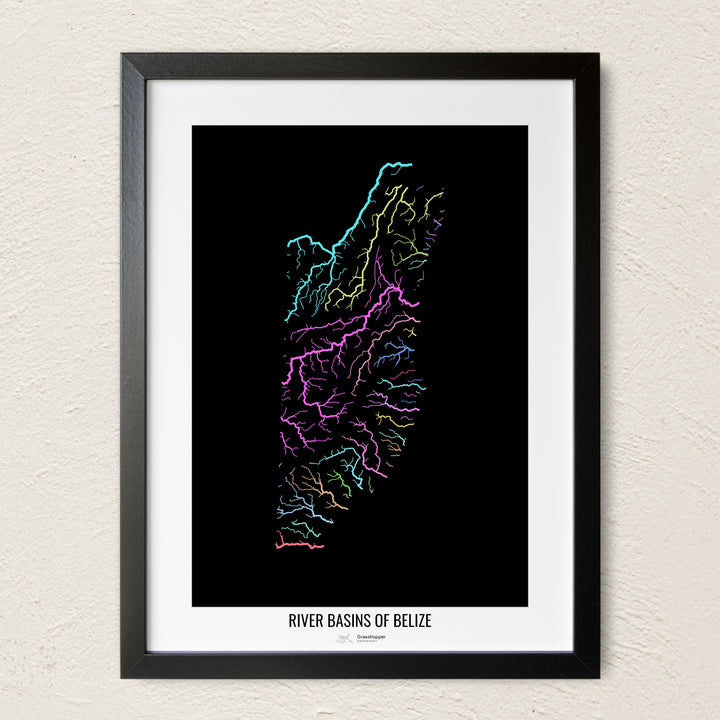A colorful Grasshopper Geography river map on a light wall. The premium fine art poster is in a black frame with a white border. The name of the country, continent or region is printed under the image.