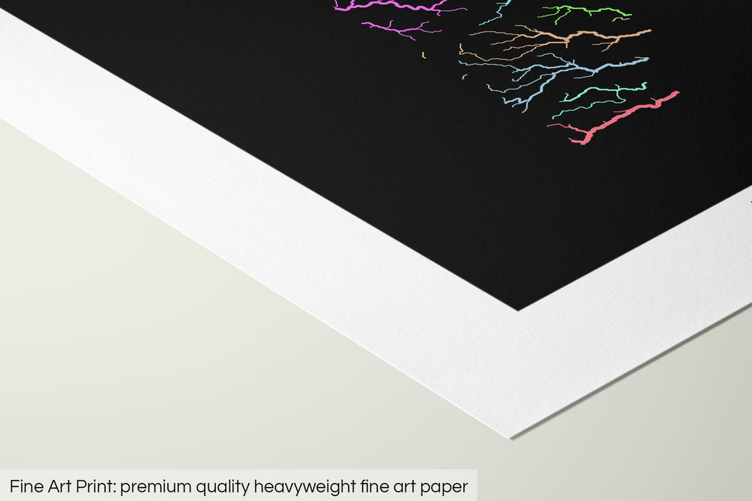 Closeup of a fine art print's corner lying on a flat surface, the details of a Grasshopper Geography map is visible. The text at the bottom reads: Fine art print - premium quality heavyweight fine art paper.