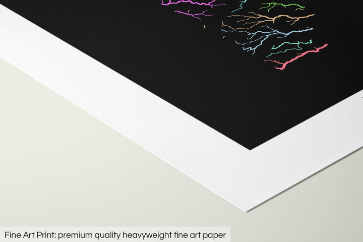 Closeup of a fine art print's corner lying on a flat surface, the details of a Grasshopper Geography map is visible. The text at the bottom reads: Fine art print - premium quality heavyweight fine art paper.