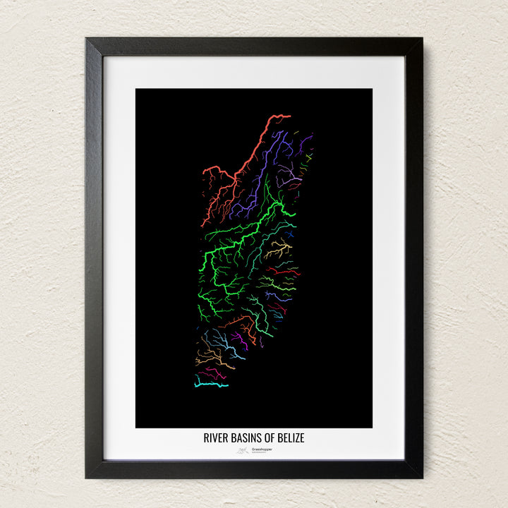A colorful Grasshopper Geography river map on a light wall. The premium fine art poster is in a black frame with a white border. The name of the country, continent or region is printed under the image.