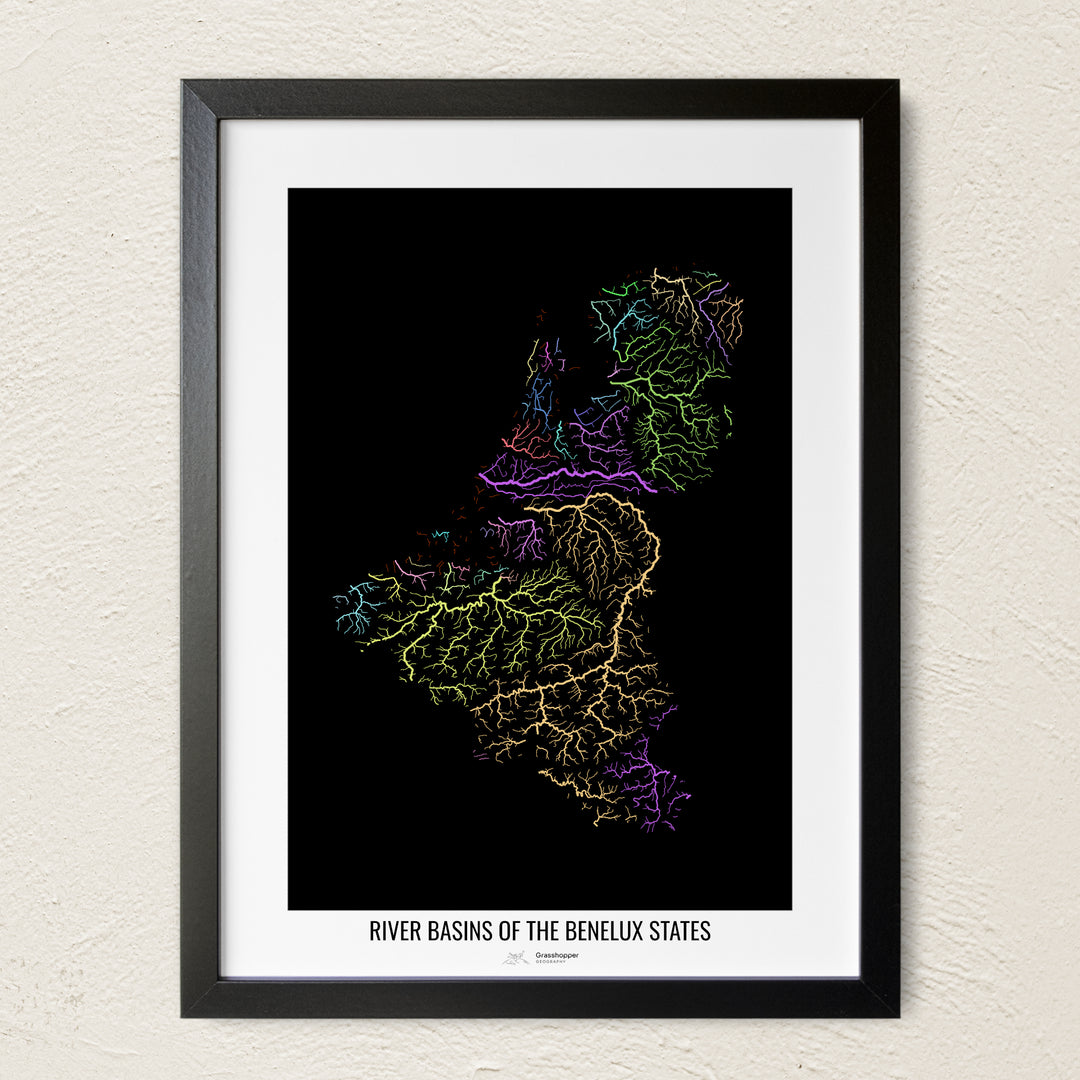 A colorful Grasshopper Geography river map on a light wall. The premium fine art poster is in a black frame with a white border. The name of the country, continent or region is printed under the image.