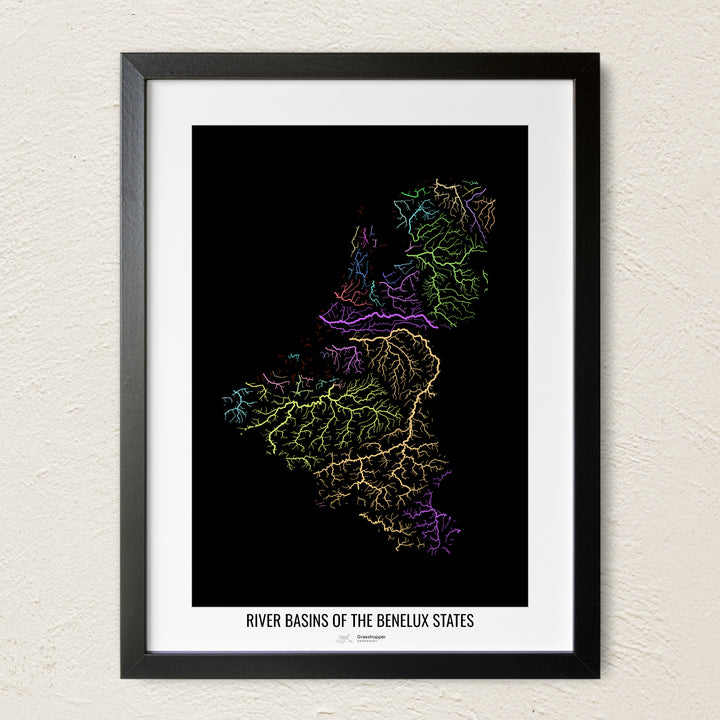 A colorful Grasshopper Geography river map on a light wall. The premium fine art poster is in a black frame with a white border. The name of the country, continent or region is printed under the image.