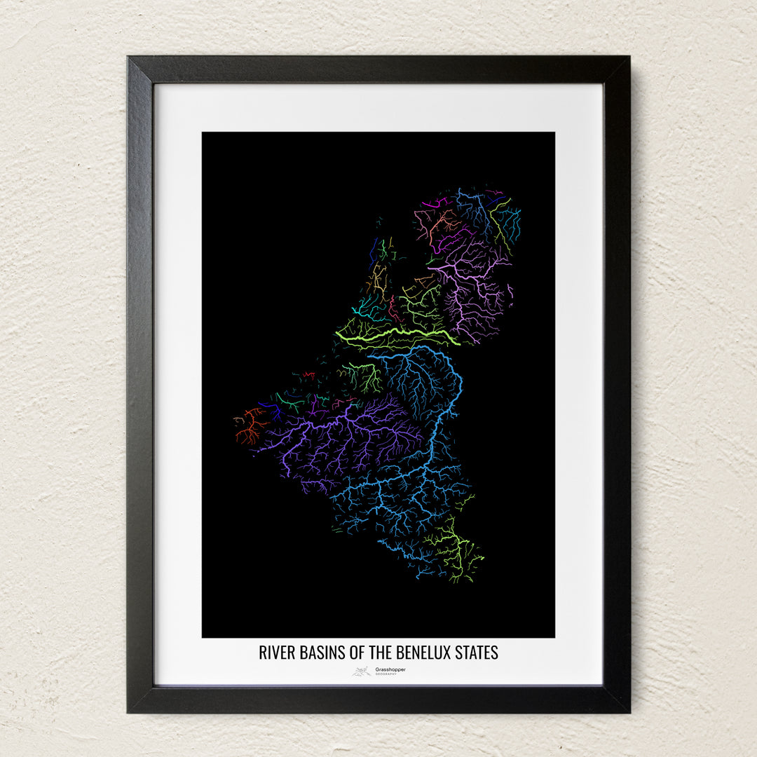 A colorful Grasshopper Geography river map on a light wall. The premium fine art poster is in a black frame with a white border. The name of the country, continent or region is printed under the image.