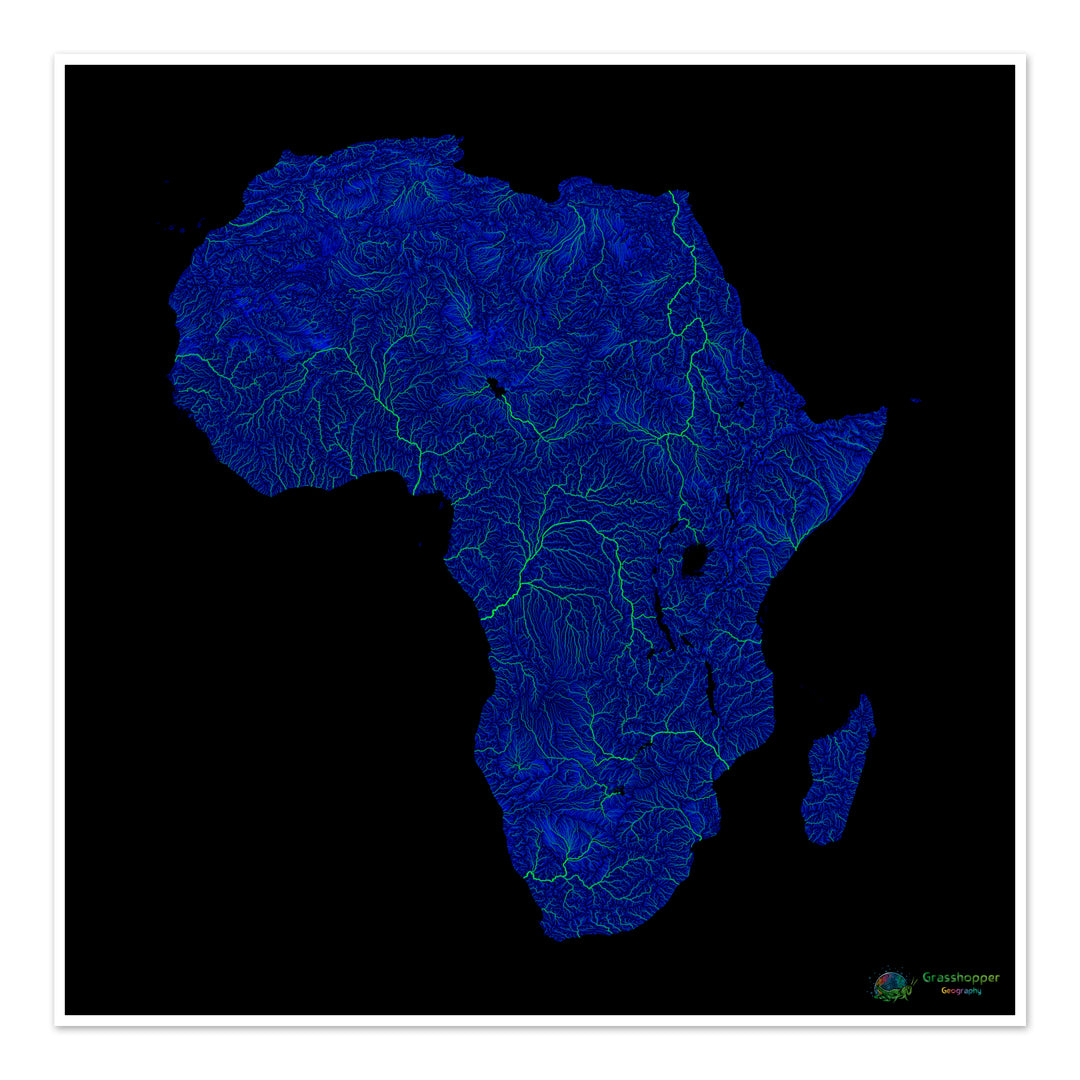 Blue and green river map of Africa with black background Fine Art Print