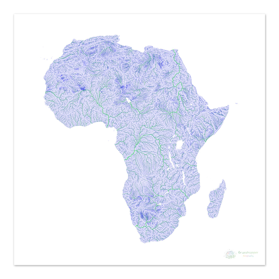 Afrique - Carte fluviale bleue et verte sur blanc - Fine Art Print