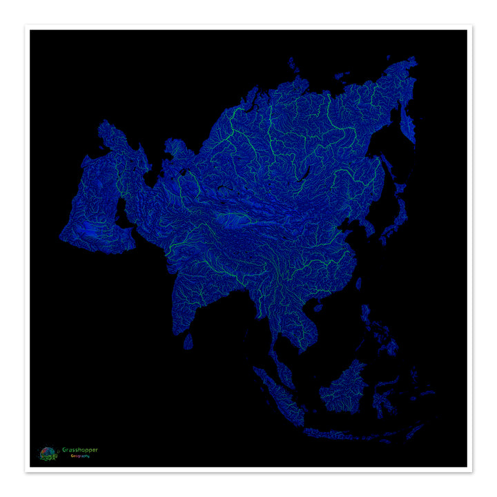 Blue and green river map of Asia with black background Fine Art Print