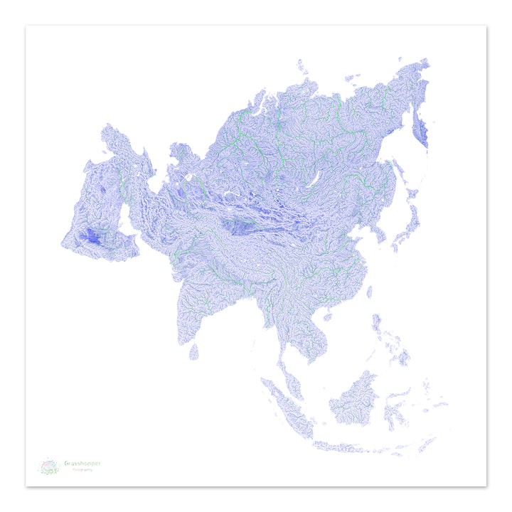 Blue and green river map of Asia with white background Fine Art Print