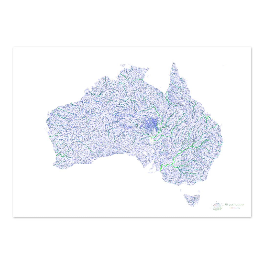 Blue and green river map of Australia with white background Fine Art Print