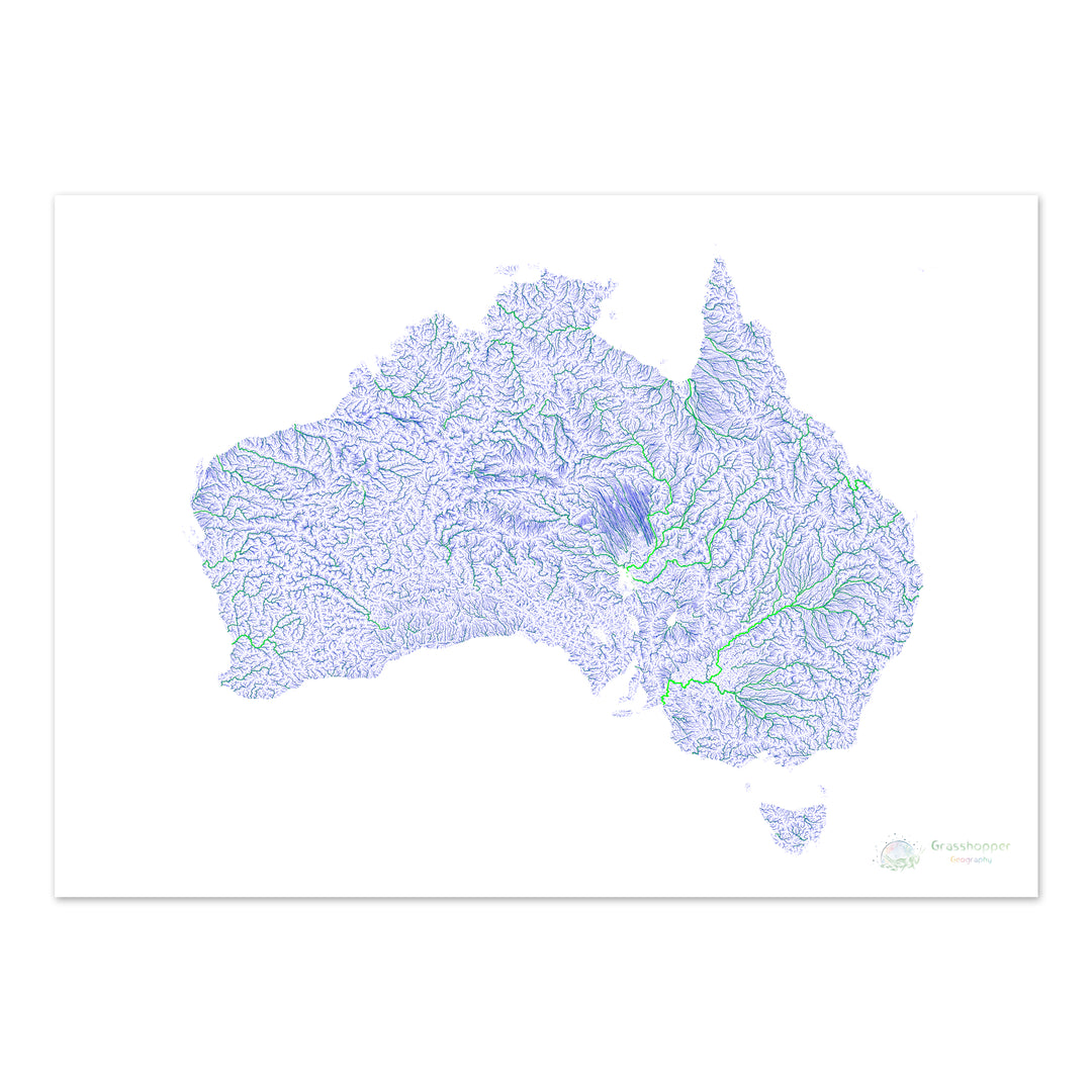 Australia - Mapa del río azul y verde sobre blanco - Impresión de Bellas Artes