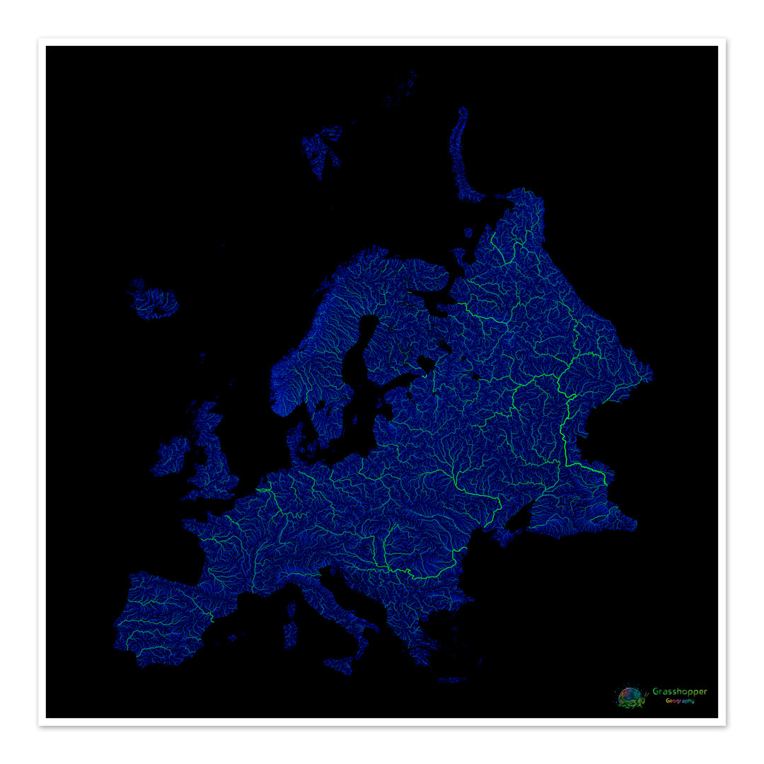 Europe - Carte fluviale bleue et verte sur fond noir - Tirage d'art