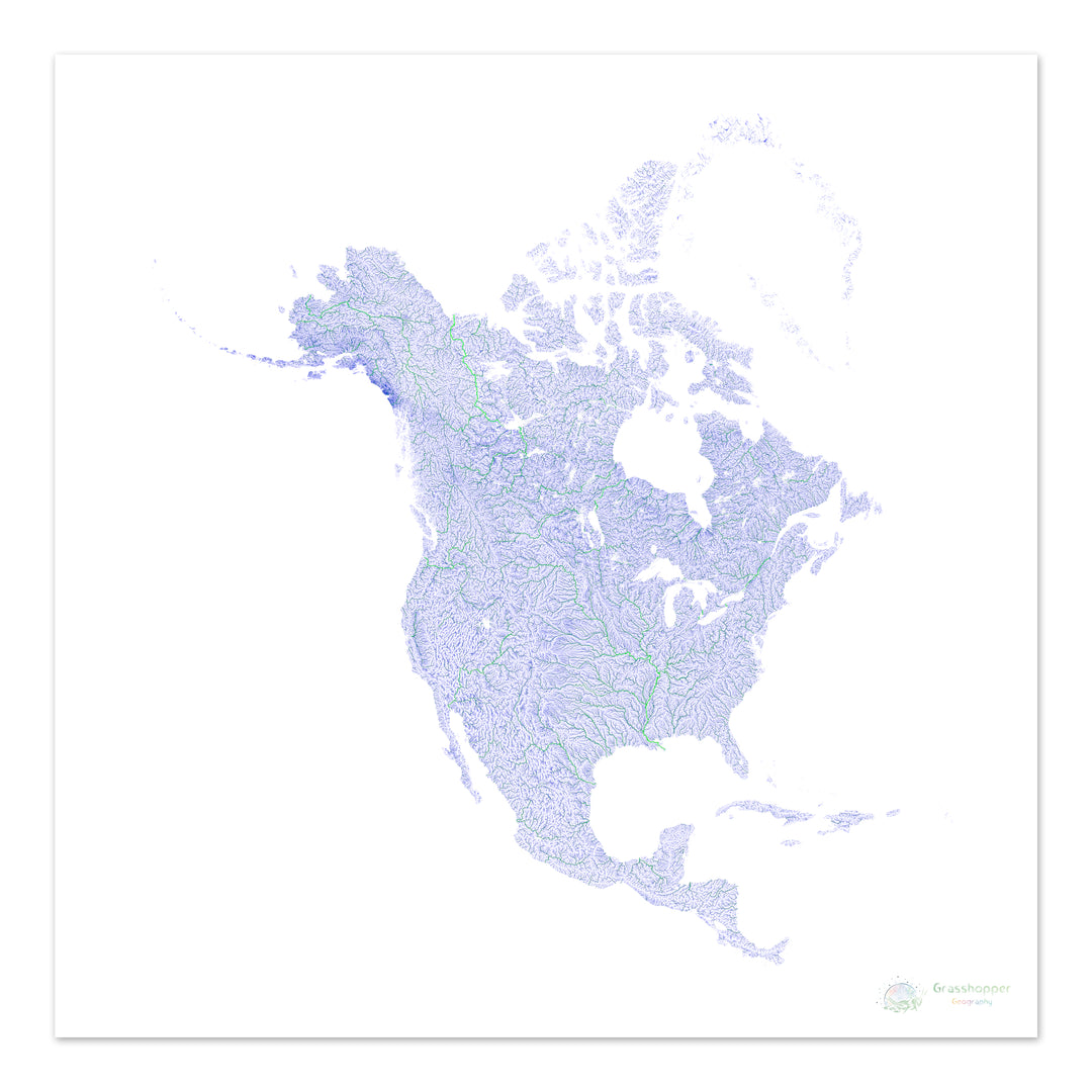 América del Norte - Mapa de ríos azules y verdes sobre blanco - Impresión de Bellas Artes