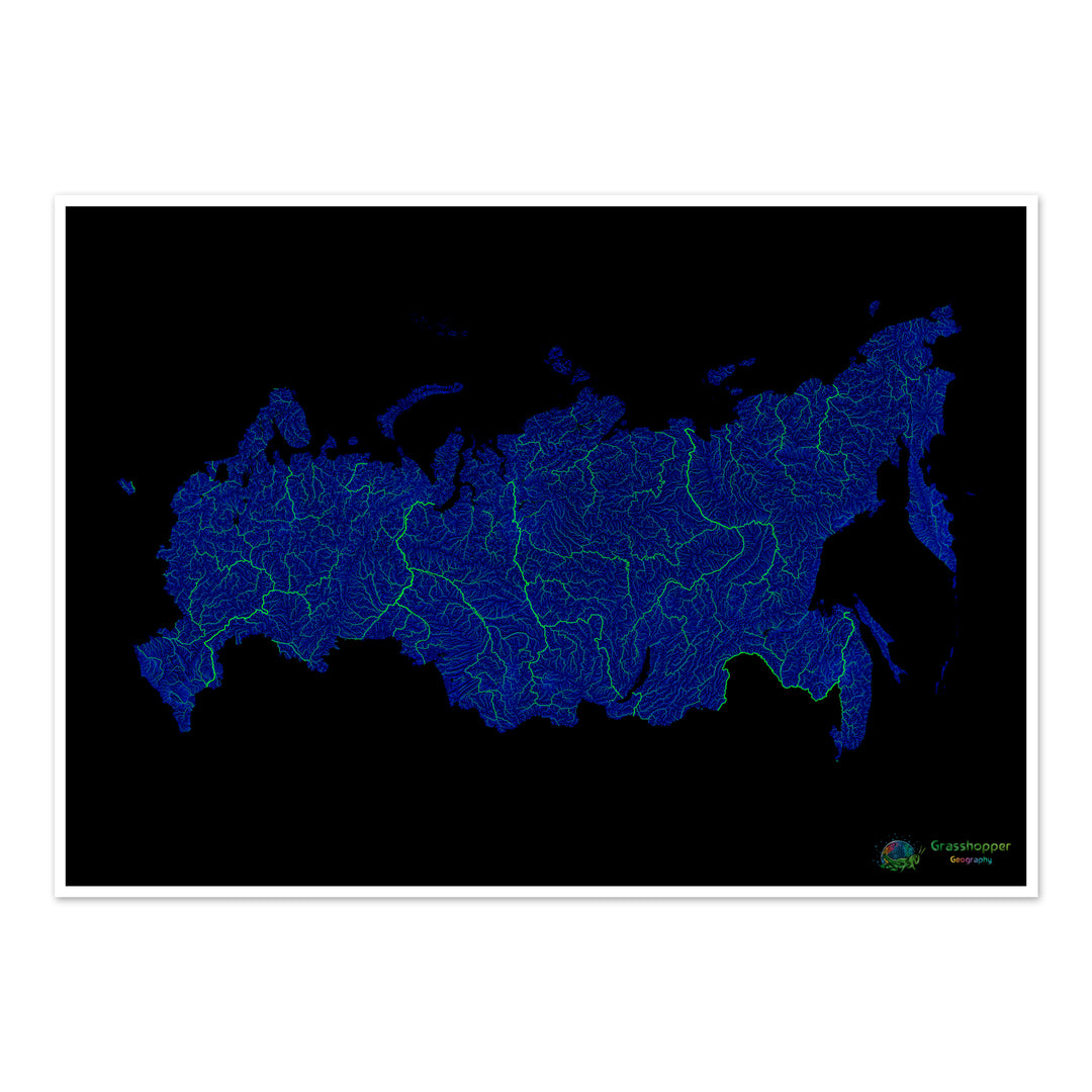 Россия - Карта рек синего и зеленого цвета на черном фоне - Художественная печать