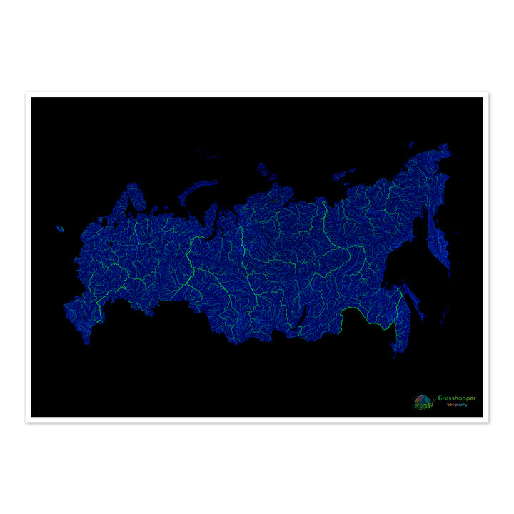 Россия - Карта рек синего и зеленого цвета на черном фоне - Художественная печать