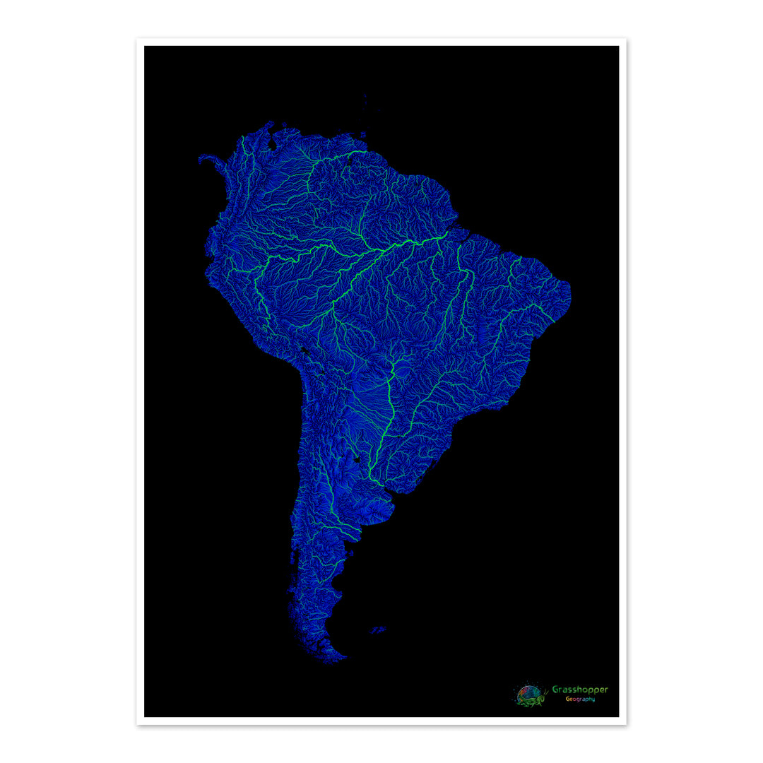 Blue and green river map of South America with black background Fine Art Print