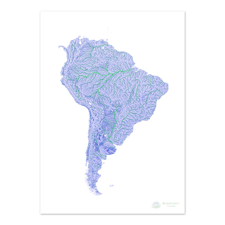 América del Sur - Mapa de ríos azules y verdes sobre blanco - Impresión de Bellas Artes
