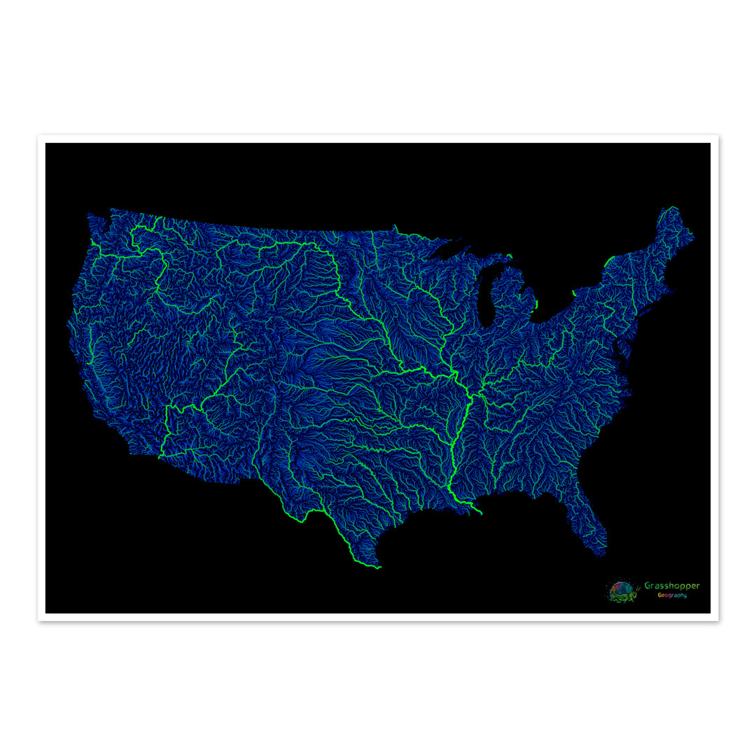 Les États-Unis - Carte fluviale bleue et verte sur fond noir - Tirage d'art