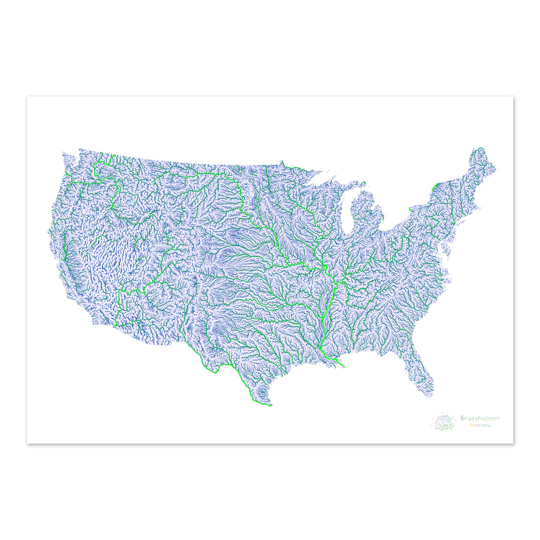 Estados Unidos - Mapa del río azul y verde sobre blanco - Impresión de Bellas Artes