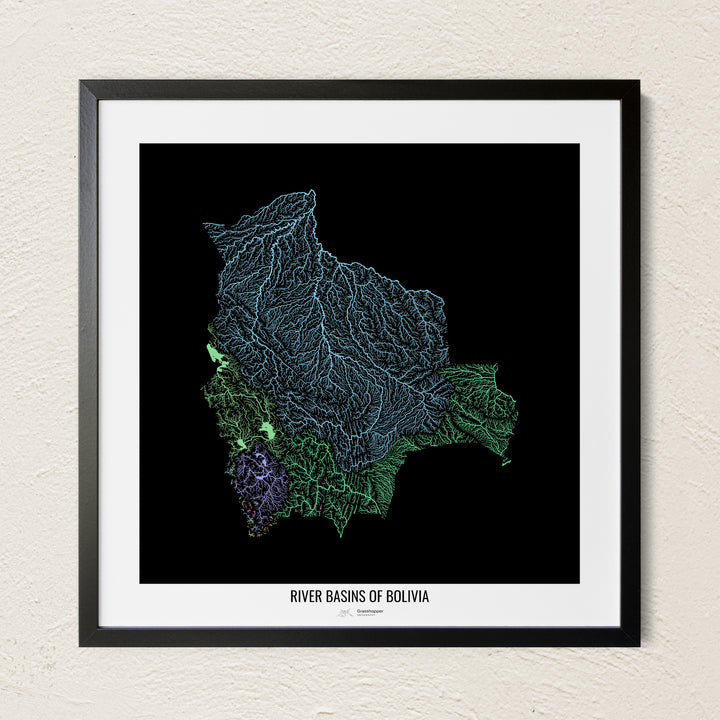 A colorful Grasshopper Geography river map on a light wall. The premium fine art poster is in a black frame with a white border. The name of the country, continent or region is printed under the image.