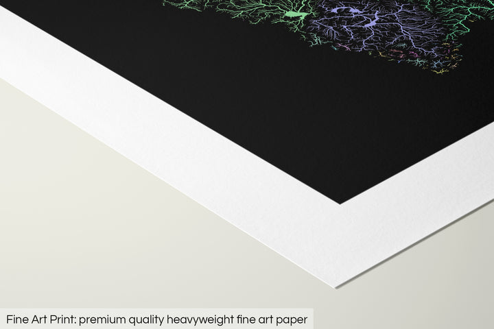 Closeup of a fine art print's corner lying on a flat surface, the details of a Grasshopper Geography map is visible. The text at the bottom reads: Fine art print - premium quality heavyweight fine art paper.