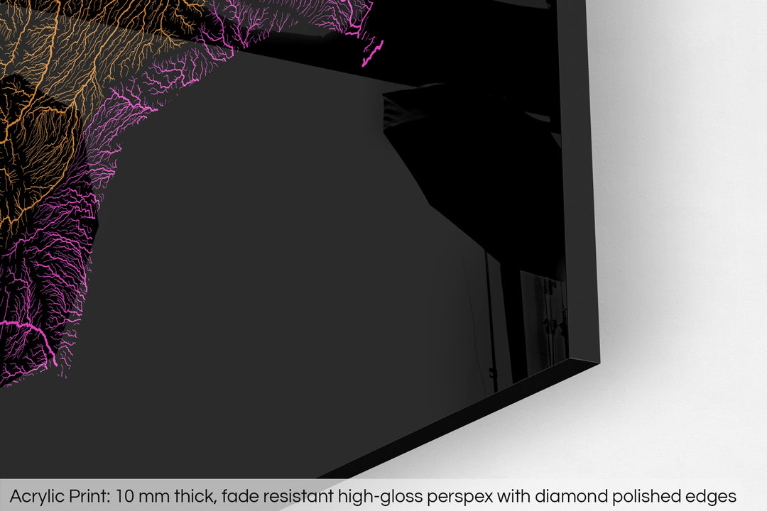 Closeup of an acrylic panel's corner, the details of a Grasshopper Geography map is visible. The text at the bottom reads: Acrylic print - 10 mm thick, fade reistant high-gloss perspex with diamond polished edges.