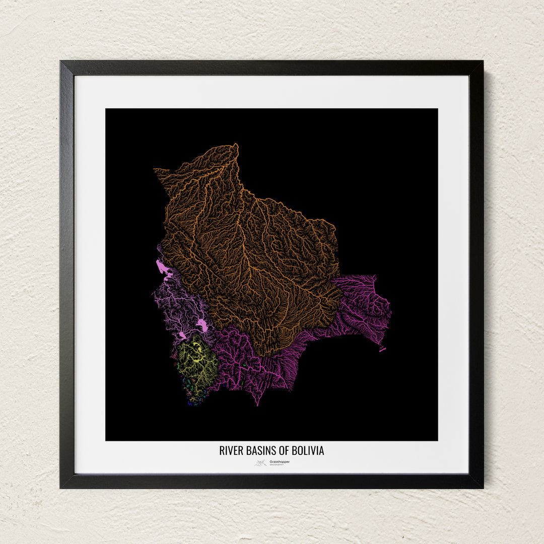 A colorful Grasshopper Geography river map on a light wall. The premium fine art poster is in a black frame with a white border. The name of the country, continent or region is printed under the image.