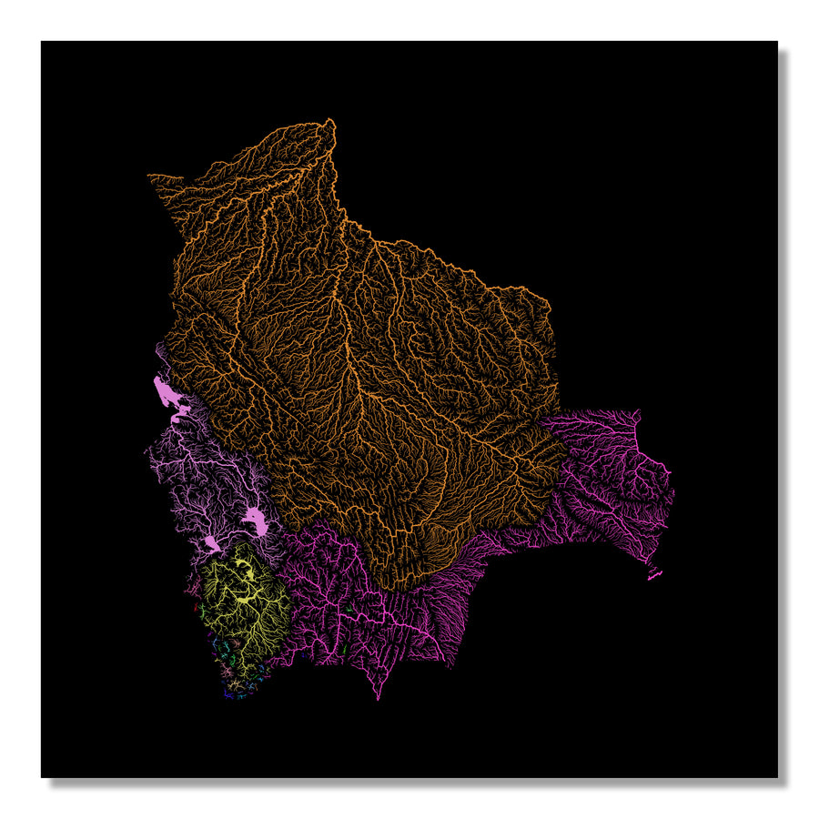 Bolivia - River basin map, rainbow colours - Wall Art by Grasshopper Geography. Image of a high-resolution map created by geographer Robert Szucs, available as wall art and for licensing.