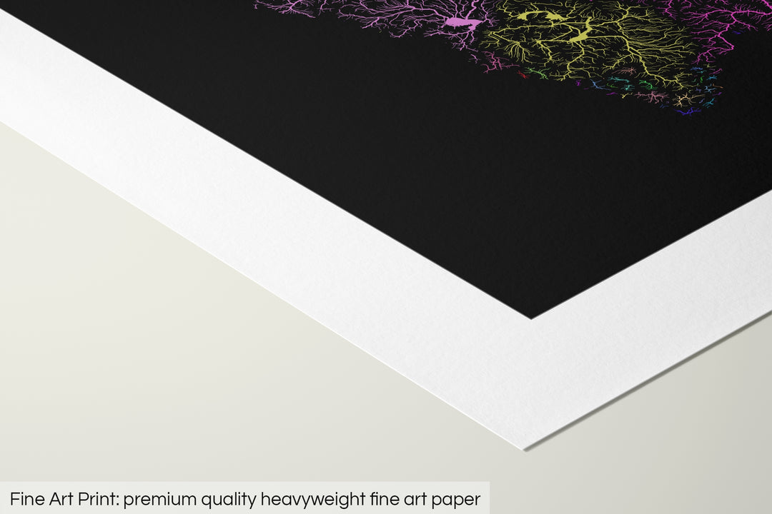 Closeup of a fine art print's corner lying on a flat surface, the details of a Grasshopper Geography map is visible. The text at the bottom reads: Fine art print - premium quality heavyweight fine art paper.