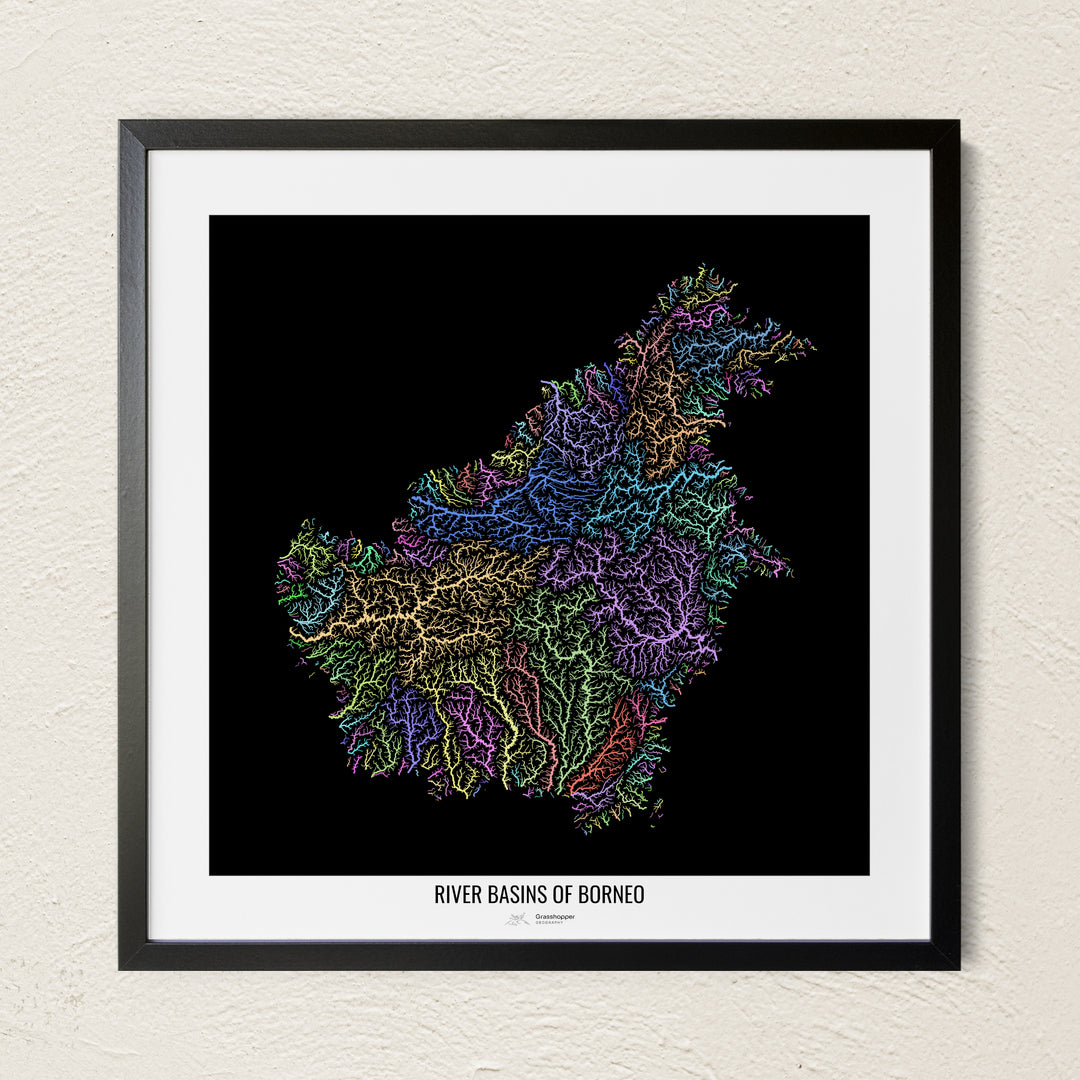 A colorful Grasshopper Geography river map on a light wall. The premium fine art poster is in a black frame with a white border. The name of the country, continent or region is printed under the image.