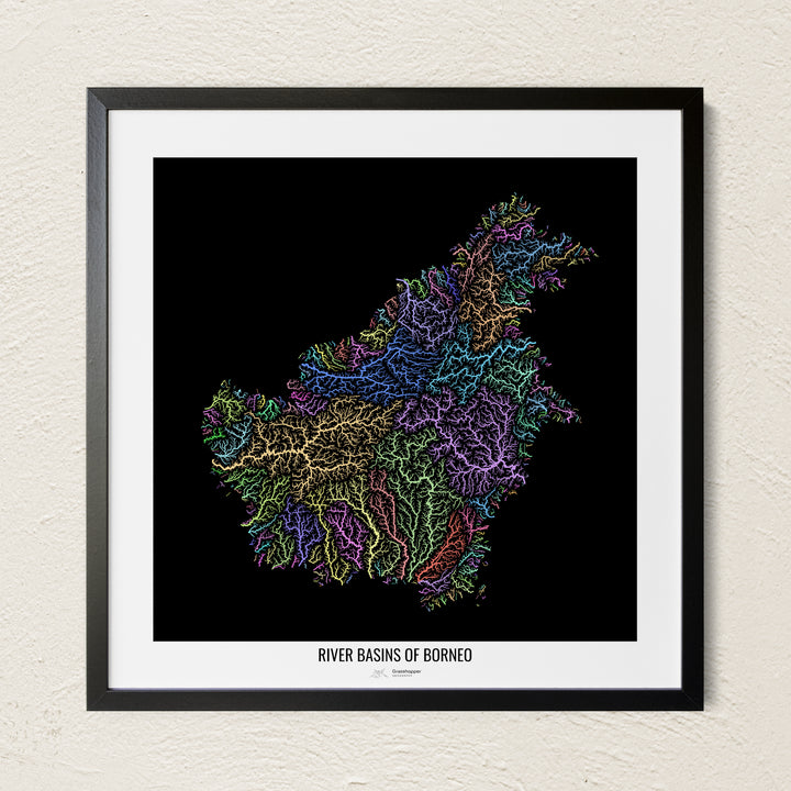 A colorful Grasshopper Geography river map on a light wall. The premium fine art poster is in a black frame with a white border. The name of the country, continent or region is printed under the image.