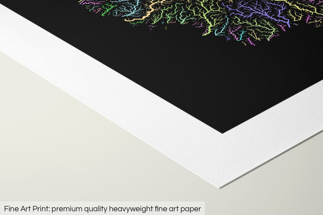Closeup of a fine art print's corner lying on a flat surface, the details of a Grasshopper Geography map is visible. The text at the bottom reads: Fine art print - premium quality heavyweight fine art paper.