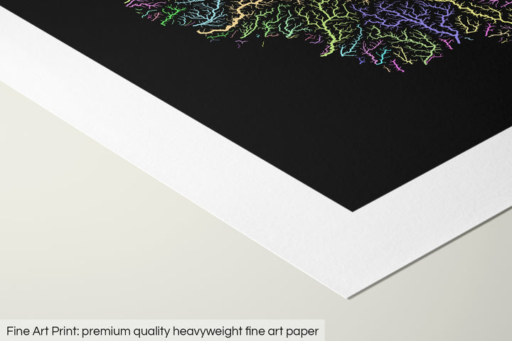 Closeup of a fine art print's corner lying on a flat surface, the details of a Grasshopper Geography map is visible. The text at the bottom reads: Fine art print - premium quality heavyweight fine art paper.