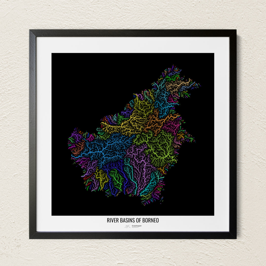A colorful Grasshopper Geography river map on a light wall. The premium fine art poster is in a black frame with a white border. The name of the country, continent or region is printed under the image.