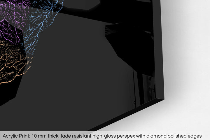 Closeup of an acrylic panel's corner, the details of a Grasshopper Geography map is visible. The text at the bottom reads: Acrylic print - 10 mm thick, fade reistant high-gloss perspex with diamond polished edges.
