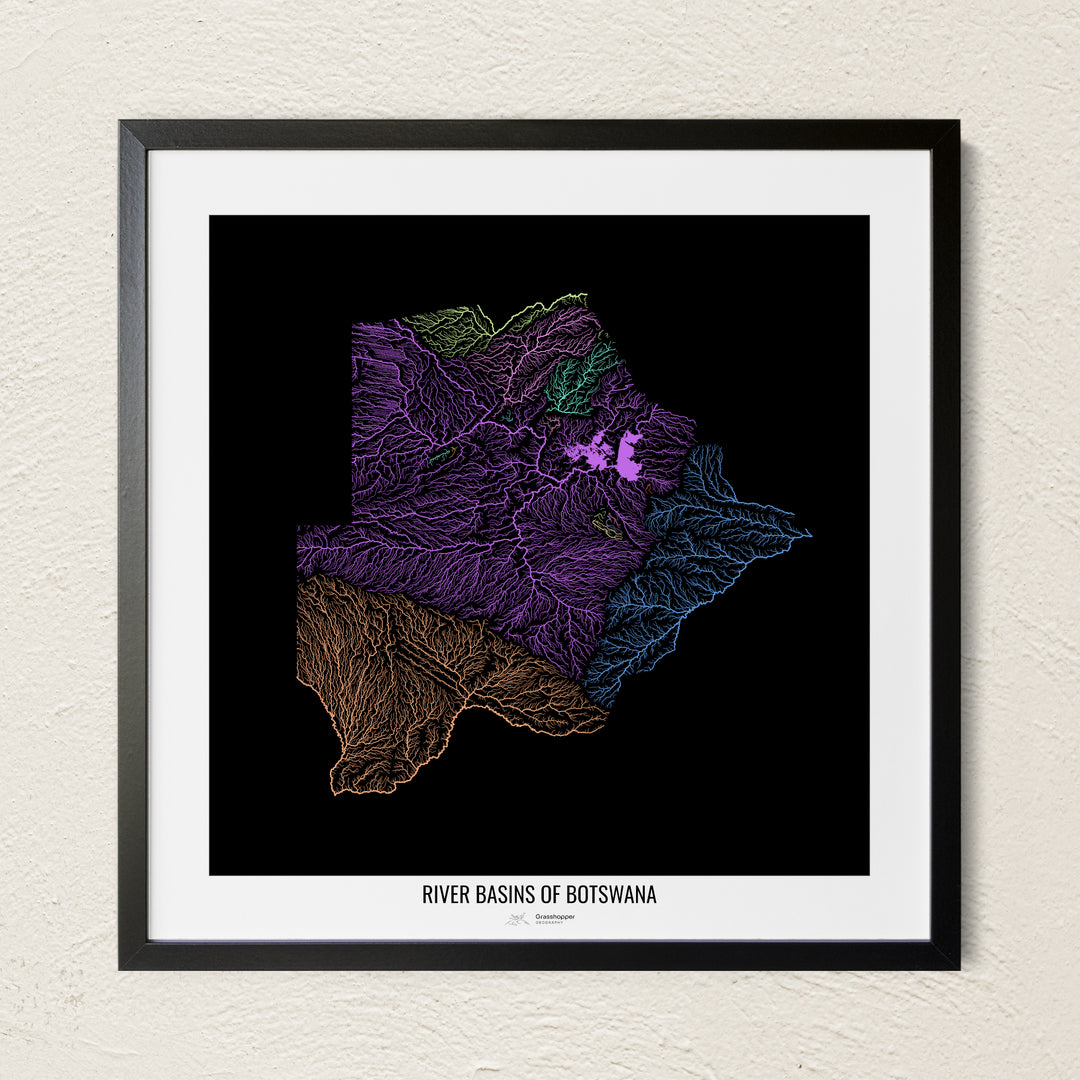 A colorful Grasshopper Geography river map on a light wall. The premium fine art poster is in a black frame with a white border. The name of the country, continent or region is printed under the image.
