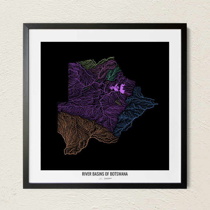 A colorful Grasshopper Geography river map on a light wall. The premium fine art poster is in a black frame with a white border. The name of the country, continent or region is printed under the image.