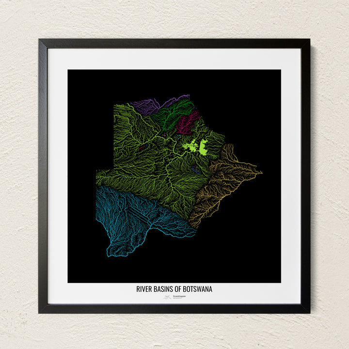 A colorful Grasshopper Geography river map on a light wall. The premium fine art poster is in a black frame with a white border. The name of the country, continent or region is printed under the image.