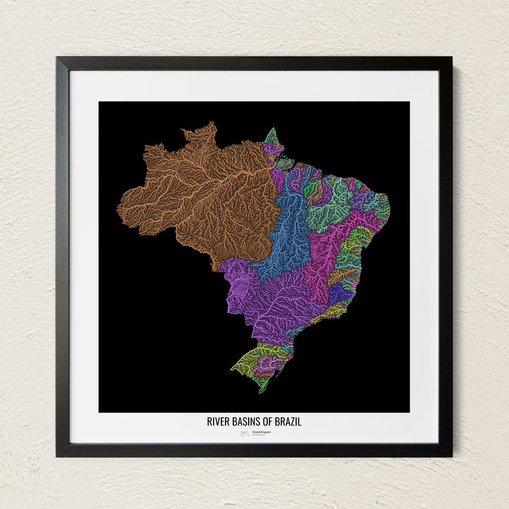 A colorful Grasshopper Geography river map on a light wall. The premium fine art poster is in a black frame with a white border. The name of the country, continent or region is printed under the image.