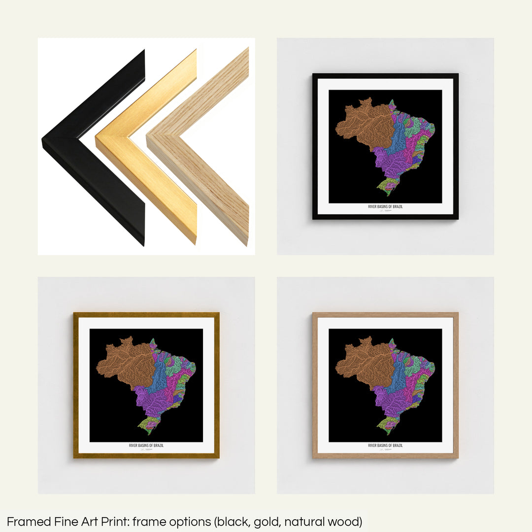 The image shows the different frames available at Grasshopper Geography's map shop: black, golden and natural wood. The image is a collection of four smaller pictures: the first one shows the wooden frames up close, the other three are mockups of the printed map in each frame.