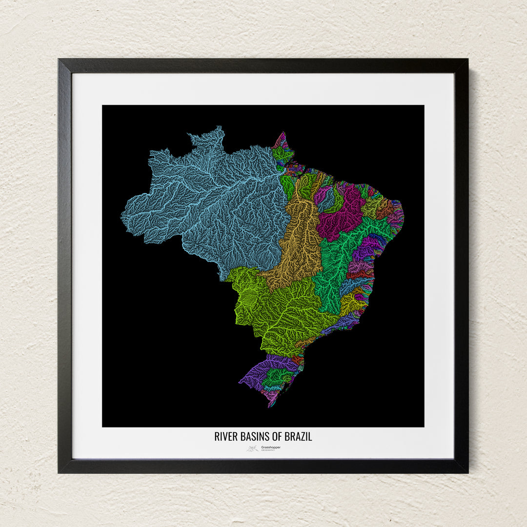 A colorful Grasshopper Geography river map on a light wall. The premium fine art poster is in a black frame with a white border. The name of the country, continent or region is printed under the image.