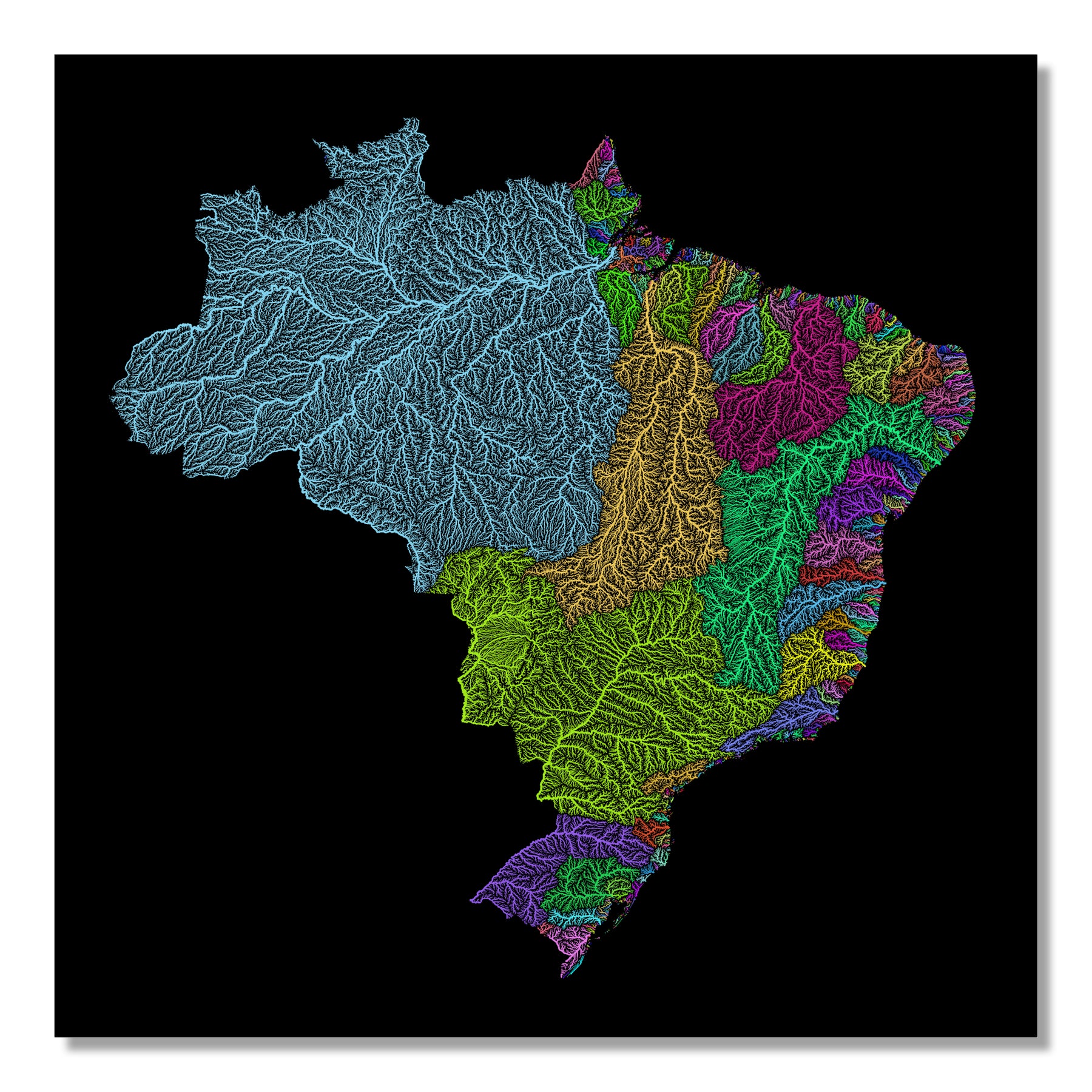 Brazil Map Rivers Only Brazil Watershed Map Print - Modern Rainbow Wall Art Decor ...