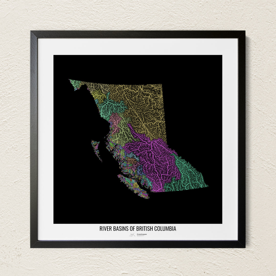 A colorful Grasshopper Geography river map on a light wall. The premium fine art poster is in a black frame with a white border. The name of the country, continent or region is printed under the image.