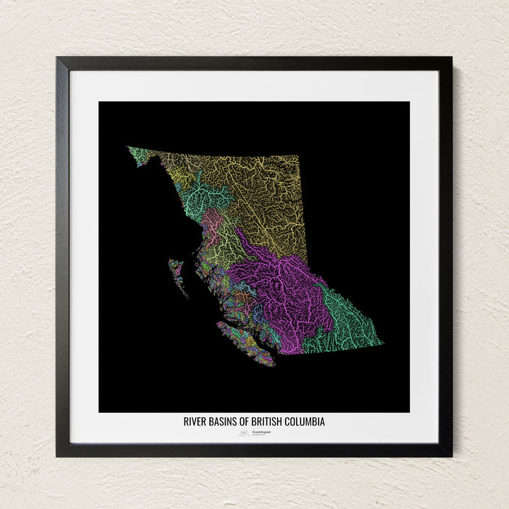 A colorful Grasshopper Geography river map on a light wall. The premium fine art poster is in a black frame with a white border. The name of the country, continent or region is printed under the image.
