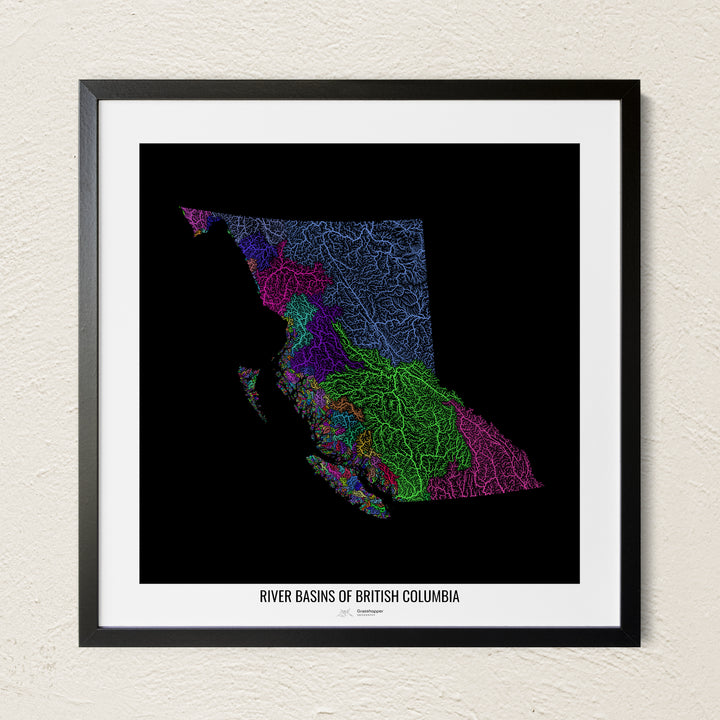 A colorful Grasshopper Geography river map on a light wall. The premium fine art poster is in a black frame with a white border. The name of the country, continent or region is printed under the image.