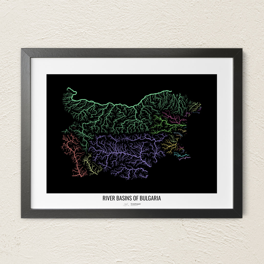 A colorful Grasshopper Geography river map on a light wall. The premium fine art poster is in a black frame with a white border. The name of the country, continent or region is printed under the image.