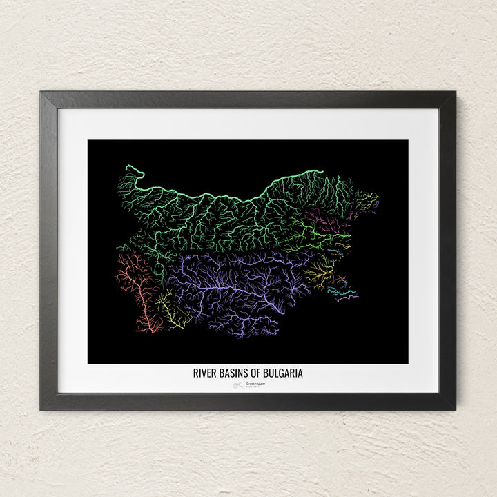 A colorful Grasshopper Geography river map on a light wall. The premium fine art poster is in a black frame with a white border. The name of the country, continent or region is printed under the image.
