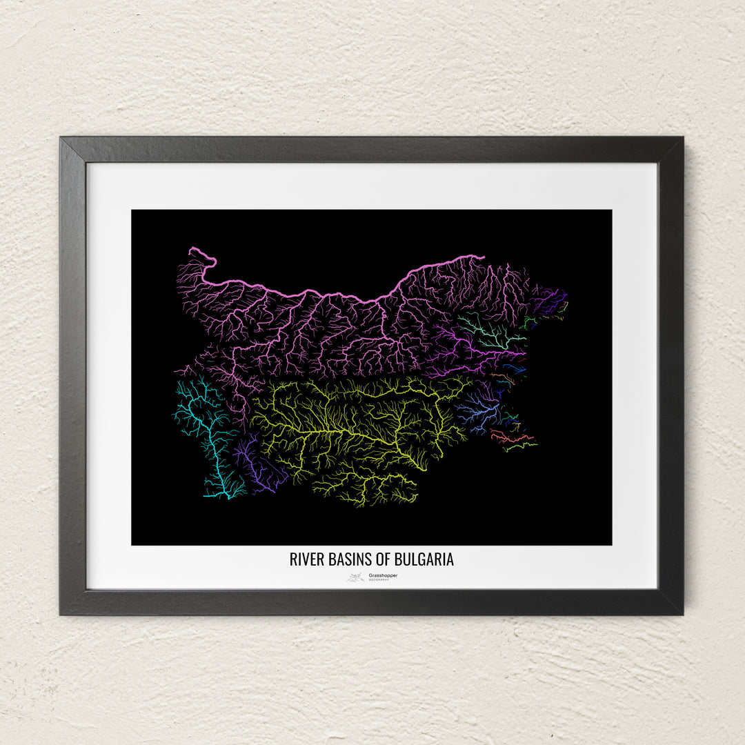 A colorful Grasshopper Geography river map on a light wall. The premium fine art poster is in a black frame with a white border. The name of the country, continent or region is printed under the image.