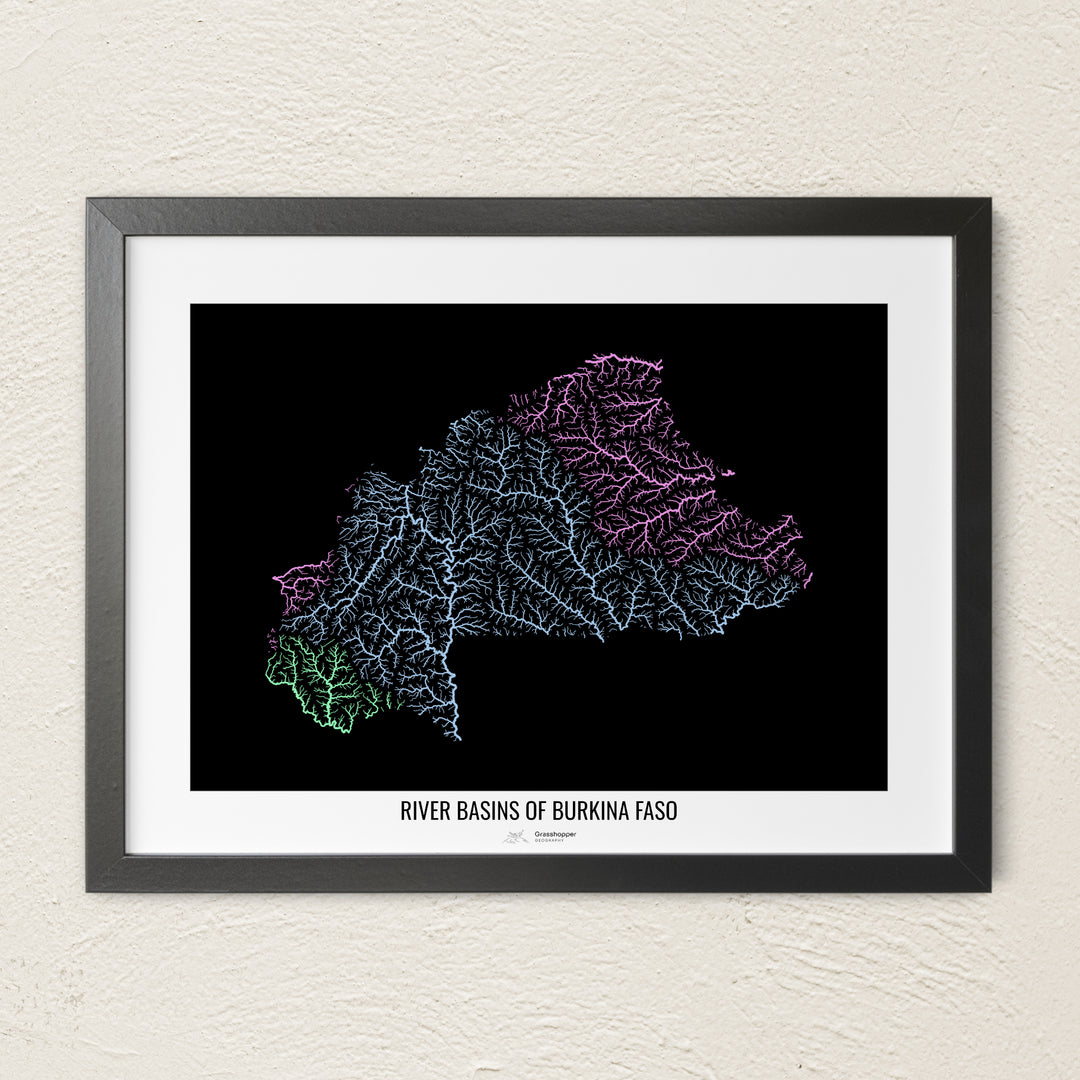 A colorful Grasshopper Geography river map on a light wall. The premium fine art poster is in a black frame with a white border. The name of the country, continent or region is printed under the image.