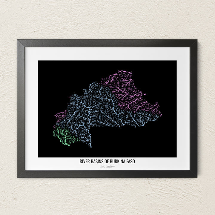 A colorful Grasshopper Geography river map on a light wall. The premium fine art poster is in a black frame with a white border. The name of the country, continent or region is printed under the image.
