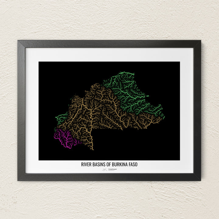 A colorful Grasshopper Geography river map on a light wall. The premium fine art poster is in a black frame with a white border. The name of the country, continent or region is printed under the image.